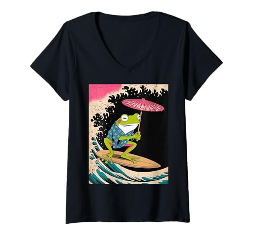 Damen Lustiger Kimono-Sonnenschirm mit Froschmotiv, japanischer Humor T-Shirt mit V-Ausschnitt von Quirky Animal Surf Joke Retro Aesthetic Ocean Art