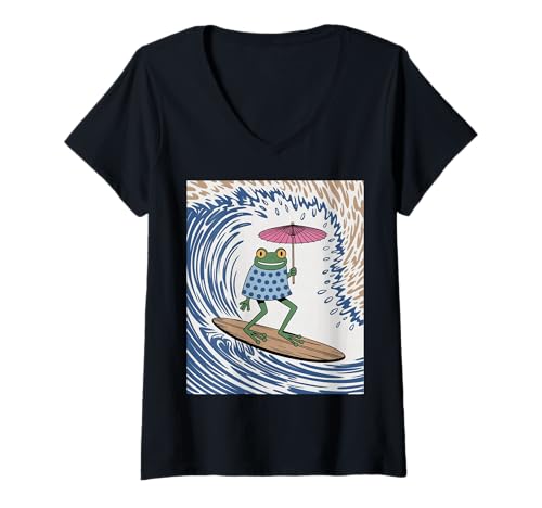 Damen Lustiger Kimono-Sonnenschirm mit Froschmotiv, japanischer Humor T-Shirt mit V-Ausschnitt von Quirky Animal Surf Joke Retro Aesthetic Ocean Art