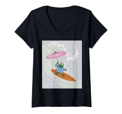 Damen Lustiger Kimono-Sonnenschirm mit Froschmotiv, japanischer Humor T-Shirt mit V-Ausschnitt von Quirky Animal Surf Joke Retro Aesthetic Ocean Art