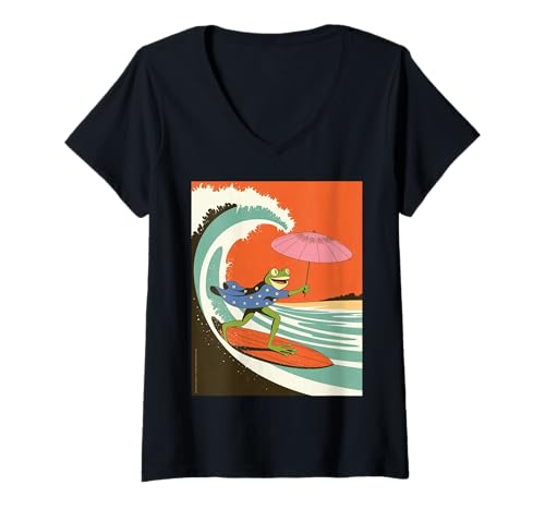 Damen Lustiger Kimono-Sonnenschirm mit Froschmotiv, japanischer Humor T-Shirt mit V-Ausschnitt von Quirky Animal Surf Joke Retro Aesthetic Ocean Art