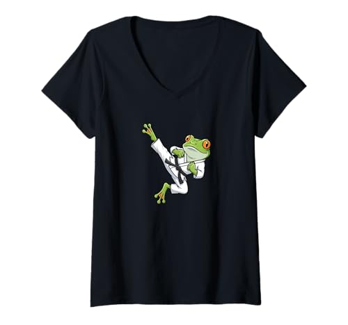 Damen Lustiger Karate-Frosch-Kampfsport-Kick T-Shirt mit V-Ausschnitt Damen Lustiger Karate-Frosch-Kampfsport-Kick T-Shirt mit V-Ausschnitt von Quirky Cartoon Martial Arts Frog