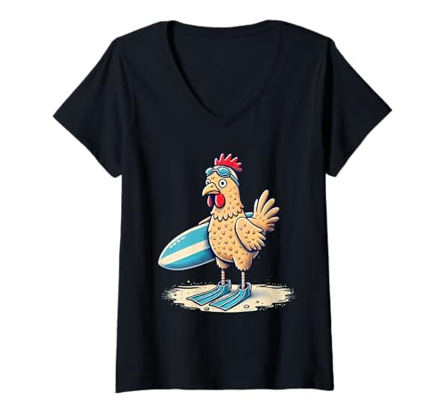 Damen Lustiges Surf-Huhn mit Schwimmflossen Strand-Design T-Shirt mit V-Ausschnitt Damen Lustiges Surf-Huhn mit Schwimmflossen Strand-Design T-Shirt mit V-Ausschnitt von Quirky Coastal Vibes