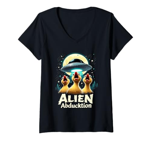 Damen Alien Abducktion Word Joke - Lustige Enten UFO Entführung T-Shirt mit V-Ausschnitt Damen Alien Abducktion Word Joke - Lustige Enten UFO Entführung T-Shirt mit V-Ausschnitt von Quirky Cosmic Ducklings Adventure Alien Humor