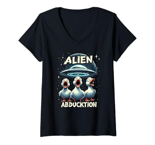 Damen Alien Abducktion Word Joke - Lustige Enten UFO Entführung T-Shirt mit V-Ausschnitt Damen Alien Abducktion Word Joke - Lustige Enten UFO Entführung T-Shirt mit V-Ausschnitt von Quirky Cosmic Ducklings Adventure Alien Humor