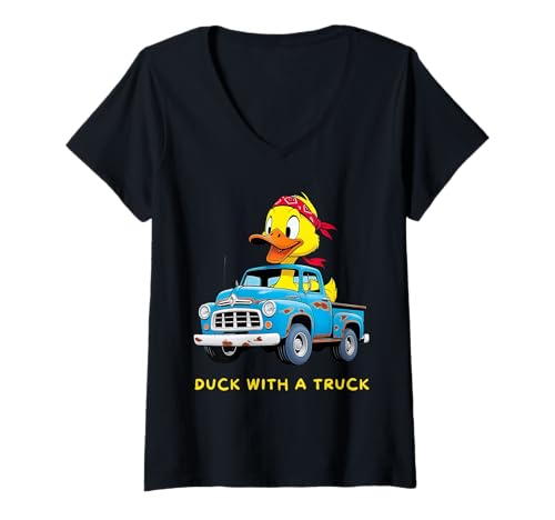 Damen Lustige Ente Humor Jungen Männer mit Trucks Kleinkinder Junge Kinder T-Shirt mit V-Ausschnitt Damen Lustige Ente Humor Jungen Männer mit Trucks Kleinkinder Junge Kinder T-Shirt mit V-Ausschnitt von Quirky Duck Joke Goose Sayings Dads Sons Grandpas
