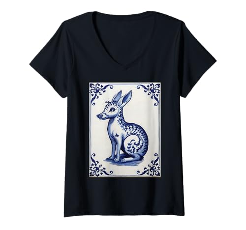 Damen Blaue Fliesen im holländischen Stil mit mythischen Tieren für Damen und T-Shirt mit V-Ausschnitt Damen Blaue Fliesen im holländischen Stil mit mythischen Tieren für Damen und T-Shirt mit V-Ausschnitt von Quirky European Tile Art Funny Animals Weird Art