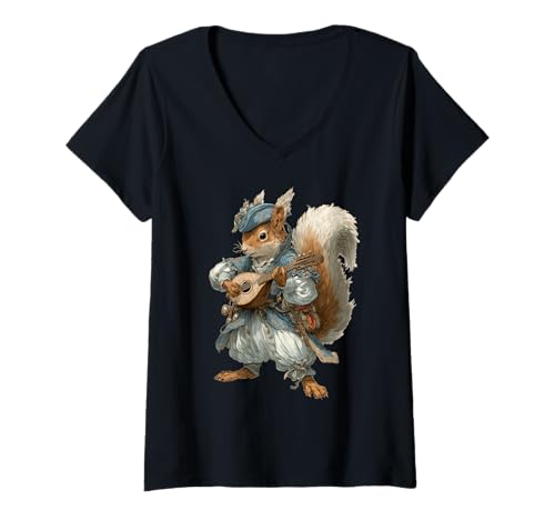 Damen Comic Eichhörnchen Bard Fantasy Charakter T-Shirt mit V-Ausschnitt Damen Comic Eichhörnchen Bard Fantasy Charakter T-Shirt mit V-Ausschnitt von Quirky Forest Realms Art Company
