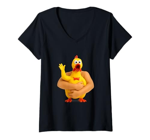 Damen Schreiende Hühnerumarmung aus Gummi mit menschlichen Armen T-Shirt mit V-Ausschnitt Damen Schreiende Hühnerumarmung aus Gummi mit menschlichen Armen T-Shirt mit V-Ausschnitt von Quirky Funny Illustration with Whimsical Style