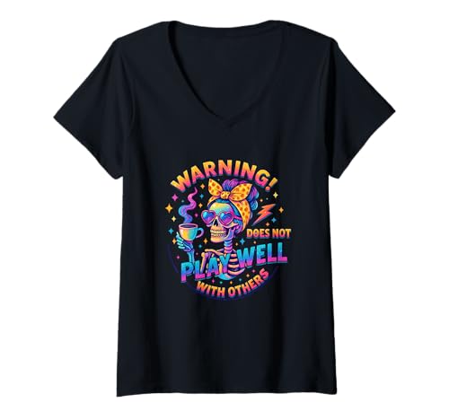 Damen Warnung spielt Nicht gut mit Anderen T-Shirt mit V-Ausschnitt von Quirky Humor Skeleton Coffee Warning