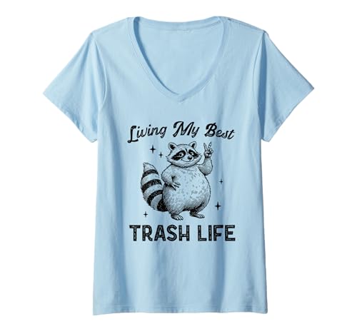 Damen Living My Best Trash Life Lustiger Waschbär Retro Tier Humor T-Shirt mit V-Ausschnitt Damen Living My Best Trash Life Lustiger Waschbär Retro Tier Humor T-Shirt mit V-Ausschnitt von Quirky Vibes Apparel - Fun & Bold Statement Tees