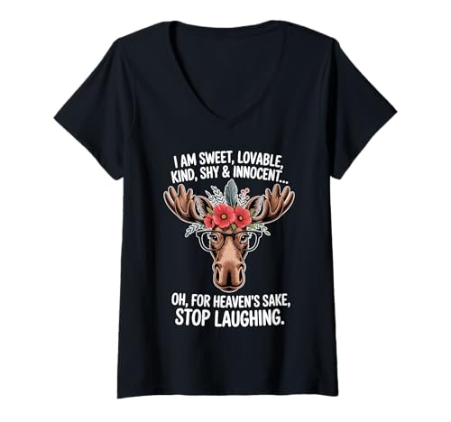 Damen Lustiger Elch mit Brille Blumenkrone Hipster Geschenk T-Shirt mit V-Ausschnitt Damen Lustiger Elch mit Brille Blumenkrone Hipster Geschenk T-Shirt mit V-Ausschnitt von Quirky Wildlife Nature Hipster Animal Lovers