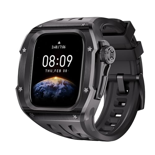 Quirxio 316L Edelstahl-Gehäuse, Gummiband, Mod Kit-Set, für Apple Watch Serie 10, 46 mm Armbänder (Schwarz / Schwarz) von Quirxio
