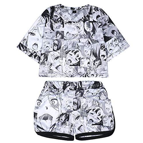 Quker Bean Damen Ahego Face Print 2-teiliges Outfit Crop Top und Shorts Pyjama Set XS-2XL, Grau, L von Quker Bean