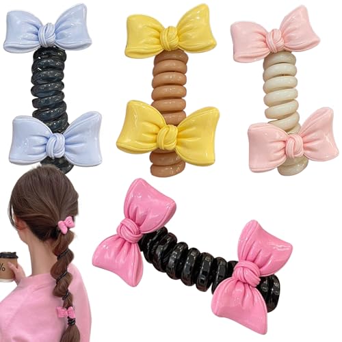 Qukoielly Spiralförmige Haargummis für Frauen - 4 Stück Telefonband Haarbänder mit Schleife | Haarschonendes Styling Zubehör Für Damen Mädchen Und Kinder Für Alltag Sport Tanz Und Reisen von Qukoielly
