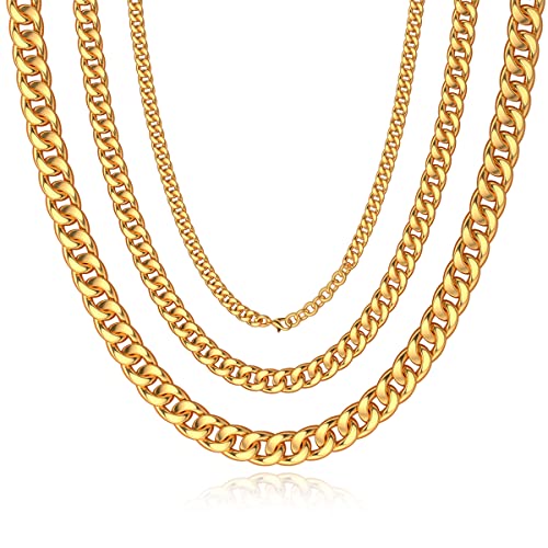 Qumfole Kette Herren, Edelstahl Einstellbar Kubanische Halskette Silber Schwarz Gold, 46/56 CM Länge, 6mm/10mm/14mm Breite von Qumfole