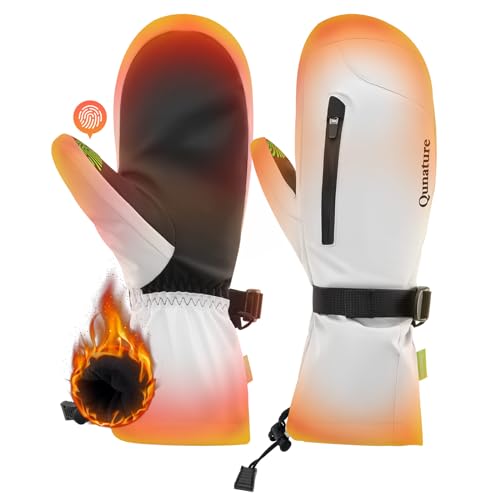 Qunature Skihandschuhe Thermo Winddichte Handschuhe wasserdichte Warme Schneehandschuhe Vollfingerhandschuhe mit Touchscreen für Winter Outdoor-Aktivitäten wie Skifahren Damen/Herren Weiß M von Qunature