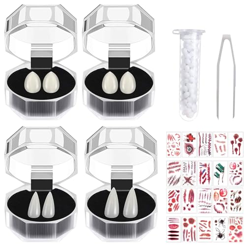 4 Paar Vampir Fangs Kit, Vampire Cosplay Fangs, 4 Größen Custom Vampirzähne mit 1 Rohr Zähne Pellets Klebstoff, Gefälschte Zahnersatz mit 20 Temporäre Narben Tattoos Aufkleber für Karneval Cosplay von Qunkun