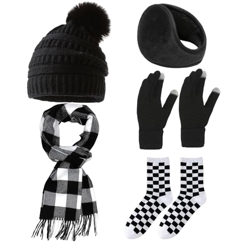 Mütze Schal & Handschuh-sets für Damen, Wintermütze Schal Handschuhe Set Damen,Damen Mütze Langer Schal Touchscreen Handschuhe Socken Ohrenschützer 5 in 1 Set,Damen Wintermütze Handschuhe Set Geschenk von Qunkun