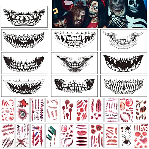Halloween Tattoo Mund, 30 Stück Halloween Kmporäre Temporäre Tattoos, Gruselig Schminke Tattoos, Clown Horror Mund Tattoo Aufkleber, Face Tattoo Scar Zombie Terror Wunde für Erwachsene Kinder von Qunkun