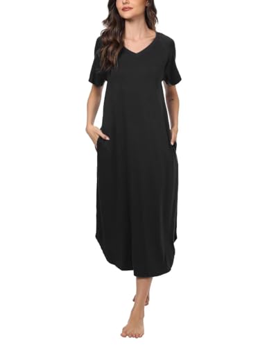 Quoboquo Nachthemd Damen Lang, Schlafshirt Kurzarm Baumwolle Sleepshirt V-Ausschnitt Nachtwäsche Große Größen Lässig Strandkleid mit Taschen von Quoboquo