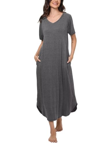 Quoboquo Nachthemd Damen Lang, Schlafshirt Kurzarm Baumwolle Sleepshirt V-Ausschnitt Nachtwäsche Große Größen Lässig Strandkleid mit Taschen von Quoboquo