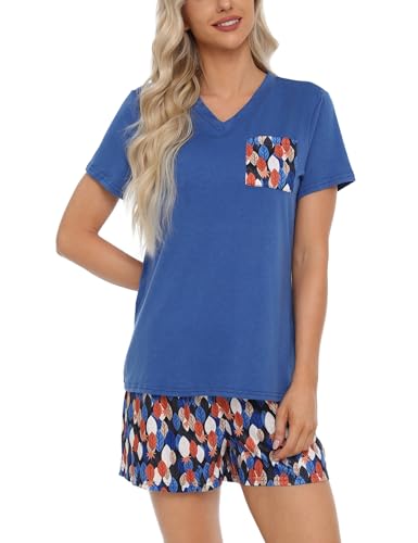Quoboquo Schlafanzug Damen Kurz Pyjama Set Hausanzug Baumwolle Zweiteiliger Kurzarm Nachtwäsche Komfortabel Blumendruck Shorty Loungewear Sleepwear für Sommer von Quoboquo