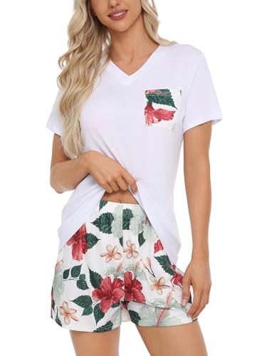 Quoboquo Schlafanzug Damen Kurz Pyjama Set Hausanzug Baumwolle Zweiteiliger Kurzarm Nachtwäsche Komfortabel Blumendruck Shorty Loungewear Sleepwear für Sommer von Quoboquo