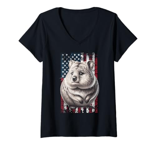 Damen Quokka Amerika Quokka T-Shirt mit V-Ausschnitt Damen Quokka Amerika Quokka T-Shirt mit V-Ausschnitt von Quokka US Fahne Herren Damen