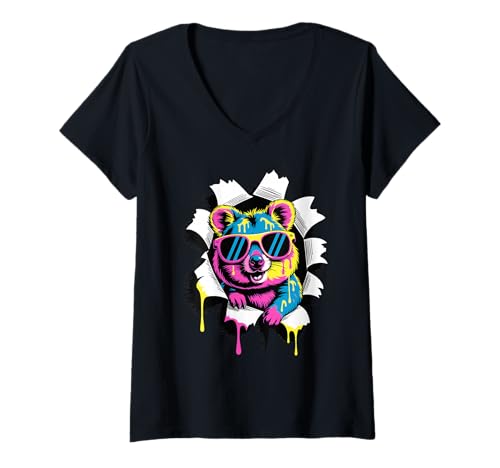 Damen Gerissener Papiereffekt Quokka Sonnenbrille Quokkas T-Shirt mit V-Ausschnitt von Quokkas Quokka Lover Gifts