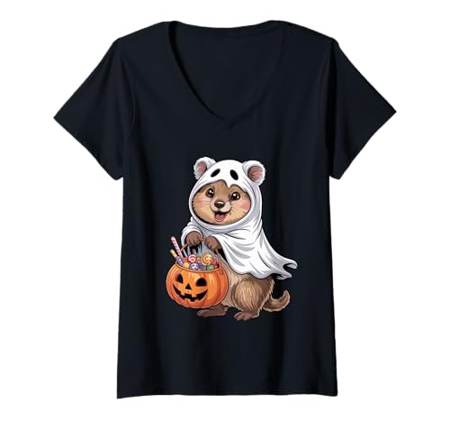 Damen Halloween Quokka Geist Kürbis Süßes Oder Saures Süßigkeiten T-Shirt mit V-Ausschnitt von Quokkas Quokka Lover Gifts