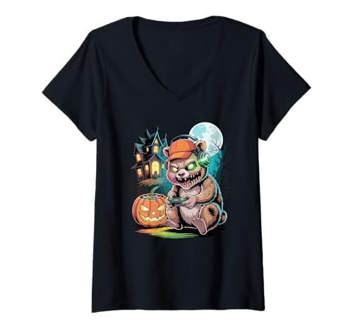 Damen Halloween Zombie Quokka Gamer Verlassenes Schloss Gaming T-Shirt mit V-Ausschnitt von Quokkas Quokka Lover Gifts
