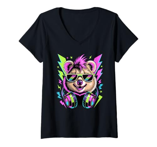 Damen Punk Ära Stil Quokka Sonnenbrille Quokkas T-Shirt mit V-Ausschnitt von Quokkas Quokka Lover Gifts