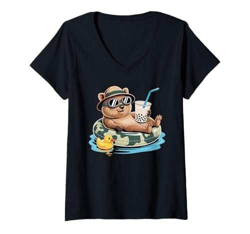 Damen Quokka Boba Perlen Milchtee Quokkas T-Shirt mit V-Ausschnitt von Quokkas Quokka Lover Gifts