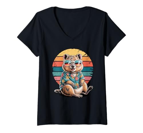 Damen Quokka Sonnenbrille Hawaii Strand Sommer Urlaub T-Shirt mit V-Ausschnitt Damen Quokka Sonnenbrille Hawaii Strand Sommer Urlaub T-Shirt mit V-Ausschnitt von Quokkas Quokka Lover Gifts