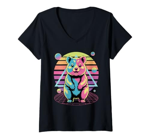 Damen Retro Synthwave Quokka Quokkas T-Shirt mit V-Ausschnitt von Quokkas Quokka Lover Gifts