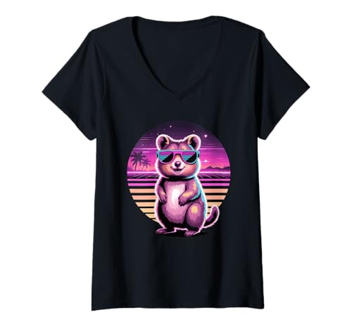Damen Retro Synthwave Quokka Sonnenbrille Quokkas T-Shirt mit V-Ausschnitt von Quokkas Quokka Lover Gifts