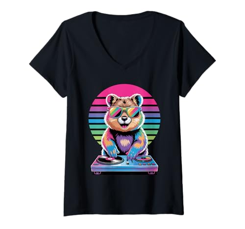 Damen Synthwave Quokka DJ Sonnenbrille Quokkas T-Shirt mit V-Ausschnitt Damen Synthwave Quokka DJ Sonnenbrille Quokkas T-Shirt mit V-Ausschnitt von Quokkas Quokka Lover Gifts