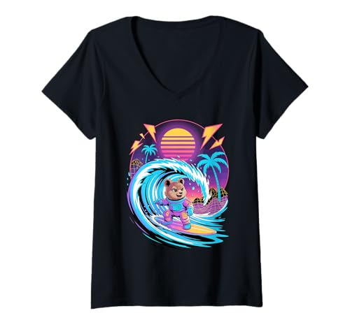 Damen Synthwave Surfer Quokka Astronaut Quokkas T-Shirt mit V-Ausschnitt von Quokkas Quokka Lover Gifts