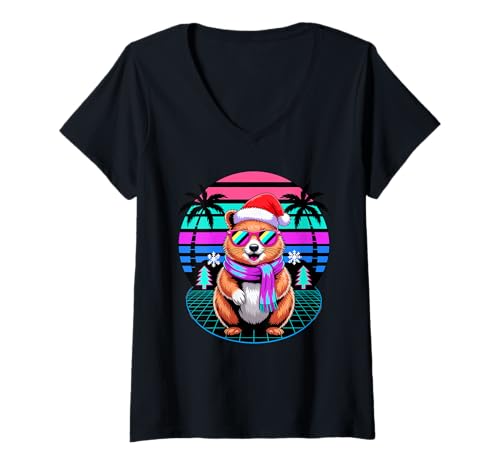 Damen Weihnachten Synthwave Quokka Sonnenbrille Quokkas T-Shirt mit V-Ausschnitt Damen Weihnachten Synthwave Quokka Sonnenbrille Quokkas T-Shirt mit V-Ausschnitt von Quokkas Quokka Lover Gifts
