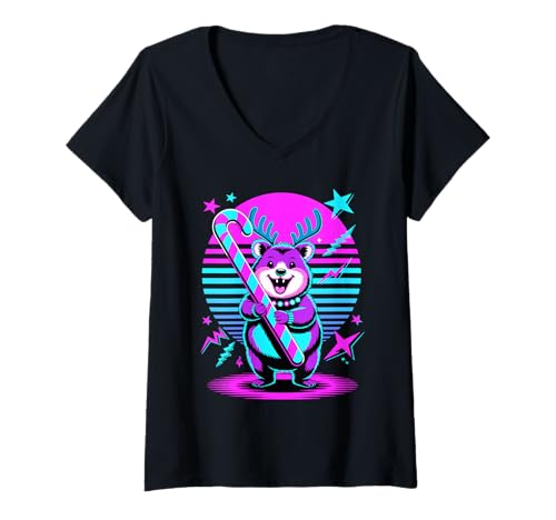 Damen Weihnachten Synthwave Quokka Zuckerstange Quokkas T-Shirt mit V-Ausschnitt von Quokkas Quokka Lover Gifts