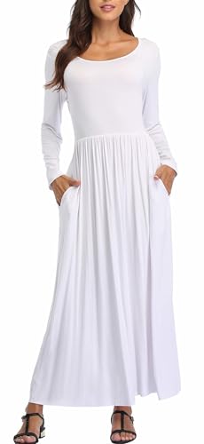 Qurvoo Damen Langarm Maxikleid Einfarbig Empire-Taille Freizeitkleid Lose Herbst/Winter Kleider mit Taschen, Weiss/opulenter Garten, Klein von Qurvoo