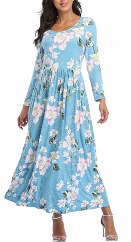 Qurvoo Damen Lange Ärmel Einfarbig Empire Taille Kleid Lose Fall Maxikleid mit Taschen - Blau - XX-Large von Qurvoo