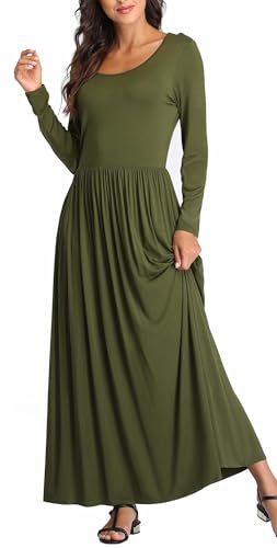Qurvoo Damen Lange Ärmel Einfarbig Empire Taille Kleid Lose Fall Maxikleid mit Taschen - Gr�n - X-Groß von Qurvoo