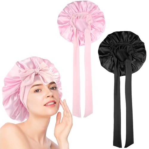 2 Stück Seidenhaube zum Schlafen mit 2 Haargummis, Verstellbare Seide Schlafhaube, Satin Haarhaube für die Nacht, Elastisch Weiche Haare Schützen Schlafmütze für Damen und Mädchen (Schwarz, Rosa) von Qurxuanwe