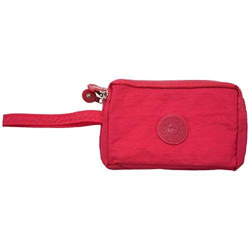 Qusedwey Frauen kleine Brieftasche Washer Falten Stoff Telefon Geldboerse drei Reissverschluesse tragbare Make-up Tasche Rose Rot von Qusedwey