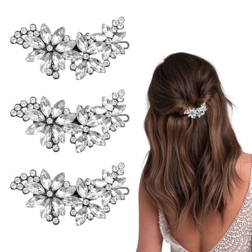 Glitzernde Strass-Haarspangen für Damen, Kristall-Blumen-Haarspangen für Braut, elegante Hochzeits-Haarnadel, silberfarbene Strasssteine, Haarschmuck für Hochzeit, Party, Tanz, Abschlussball, 3 Stück von Qusmeiyici