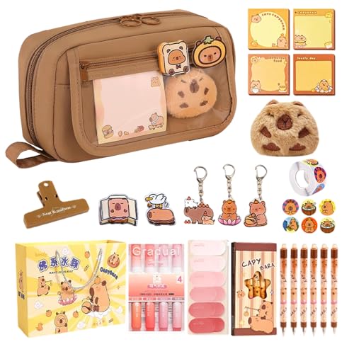 Qutalmi Capybara Federmäppchen Mit Zubehör,Cartoon Make Up Pinsel Etui - Cartoon Stiftehalter Tasche Mit Stickern Und Clips, Großes Schreibwarenetui Für Kinder von Qutalmi
