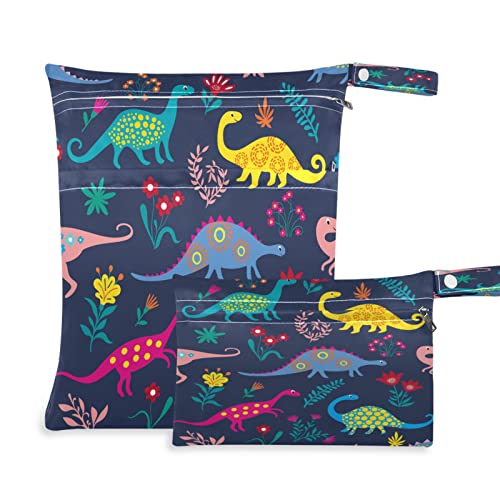 Animal Dinosaurier Floral Flower Wiederverwendbare Nass-Trockenbeutel für Baby-Stoffwindeln mit 2 Reißverschlusstaschen, wasserdichte Reisetasche, Strand, Pool, Turnbeutel für nasse Badeanzüge, Kulturartikel, Schwimmbeutel, (2 Stück), Mehrfarbig, one size, Modern von Quteprint