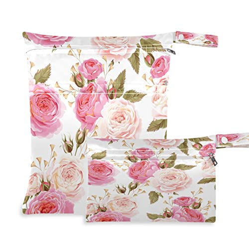 Floral Flower Rose Pink Wiederverwendbare Nass-Trockenbeutel für Baby-Stoffwindeln mit 2 Reißverschlusstaschen, wasserdichte Reisetasche, Strand Pool Turnbeutel für nasse Badeanzüge Toilettenartikel Schwimmbeutel, (2 Stück), Mehrfarbig, one size, Modern von Quteprint