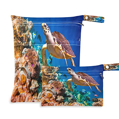 Ocean Sea Animal Fish Turtle Wiederverwendbare Nass-Trockenbeutel für Baby-Stoffwindeln mit 2 Reißverschlusstaschen, wasserdichte Reisetasche, Strand, Pool, Turnbeutel für nasse Badeanzüge, Kosmetikartikel, Schwimmbeutel, (2 Stück), Mehrfarbig, one size, Modern von Quteprint